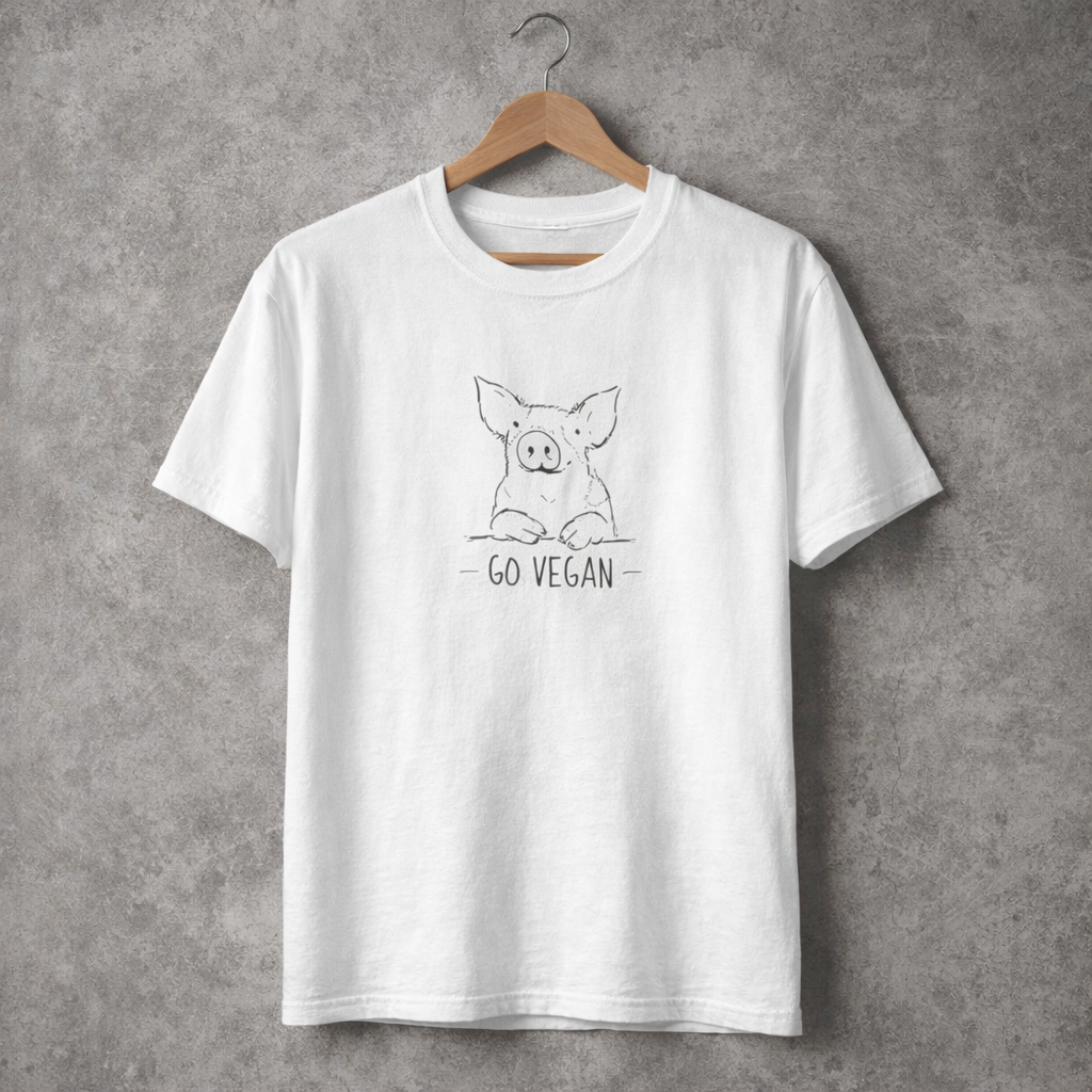 Camiseta Blanca Estampada "Go vegan" - Pig black