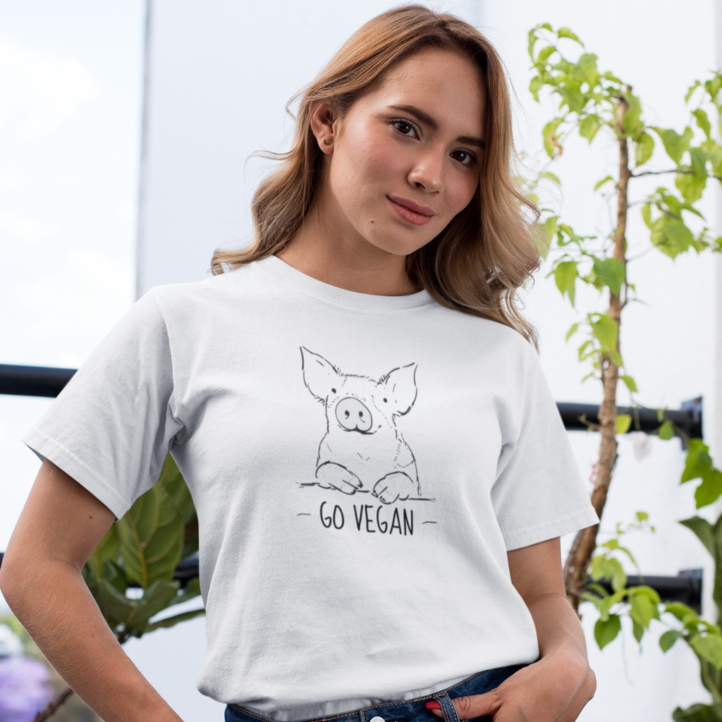 Camiseta Blanca Estampada "Go vegan" - Pig black