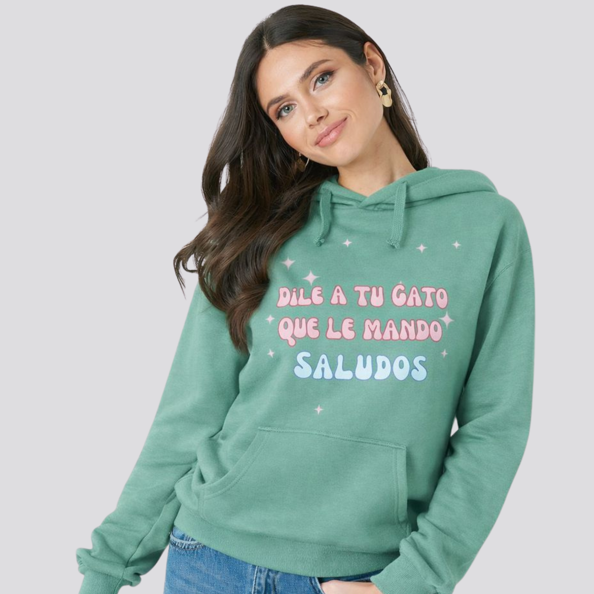 Hoodie Estampado "Dile a tu gato que le mando saludos" Verde