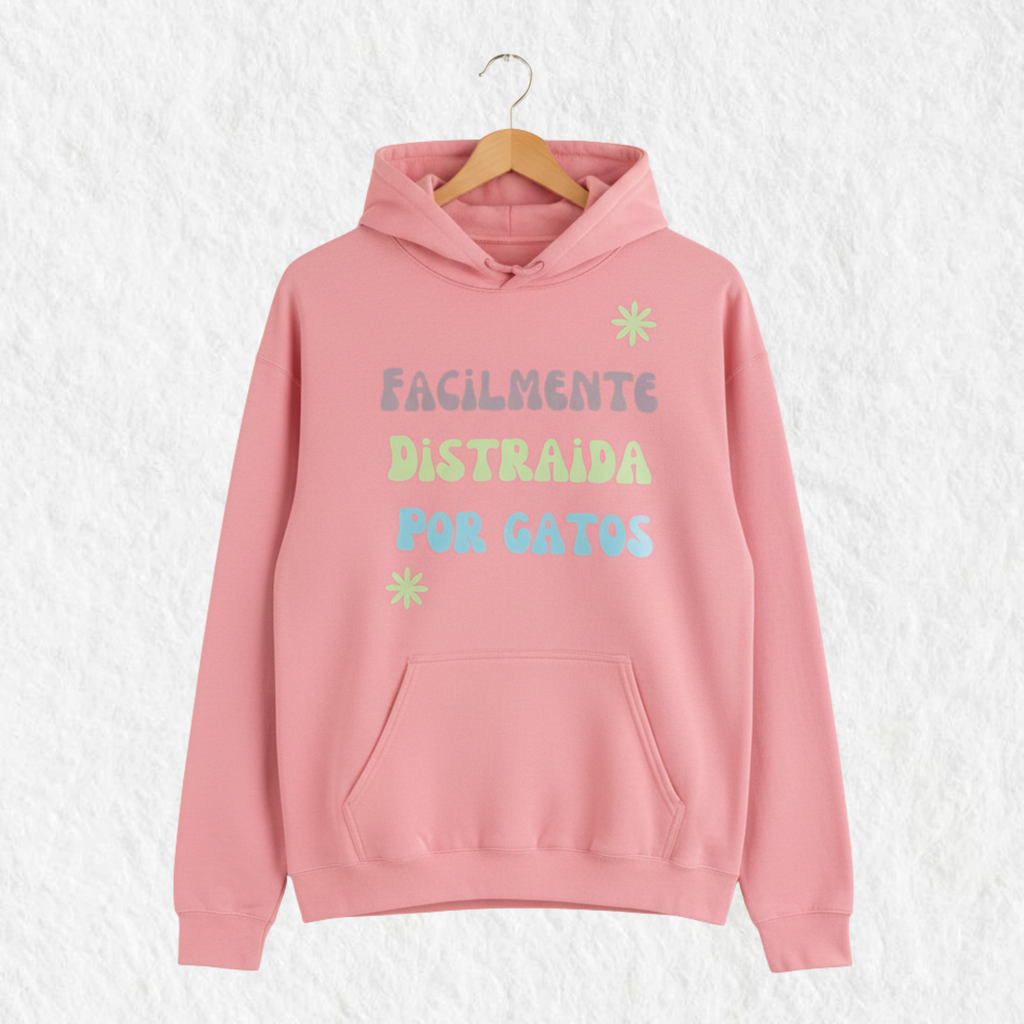 Hoodie Estampado "Facilmente distraida por gatos" Rosa