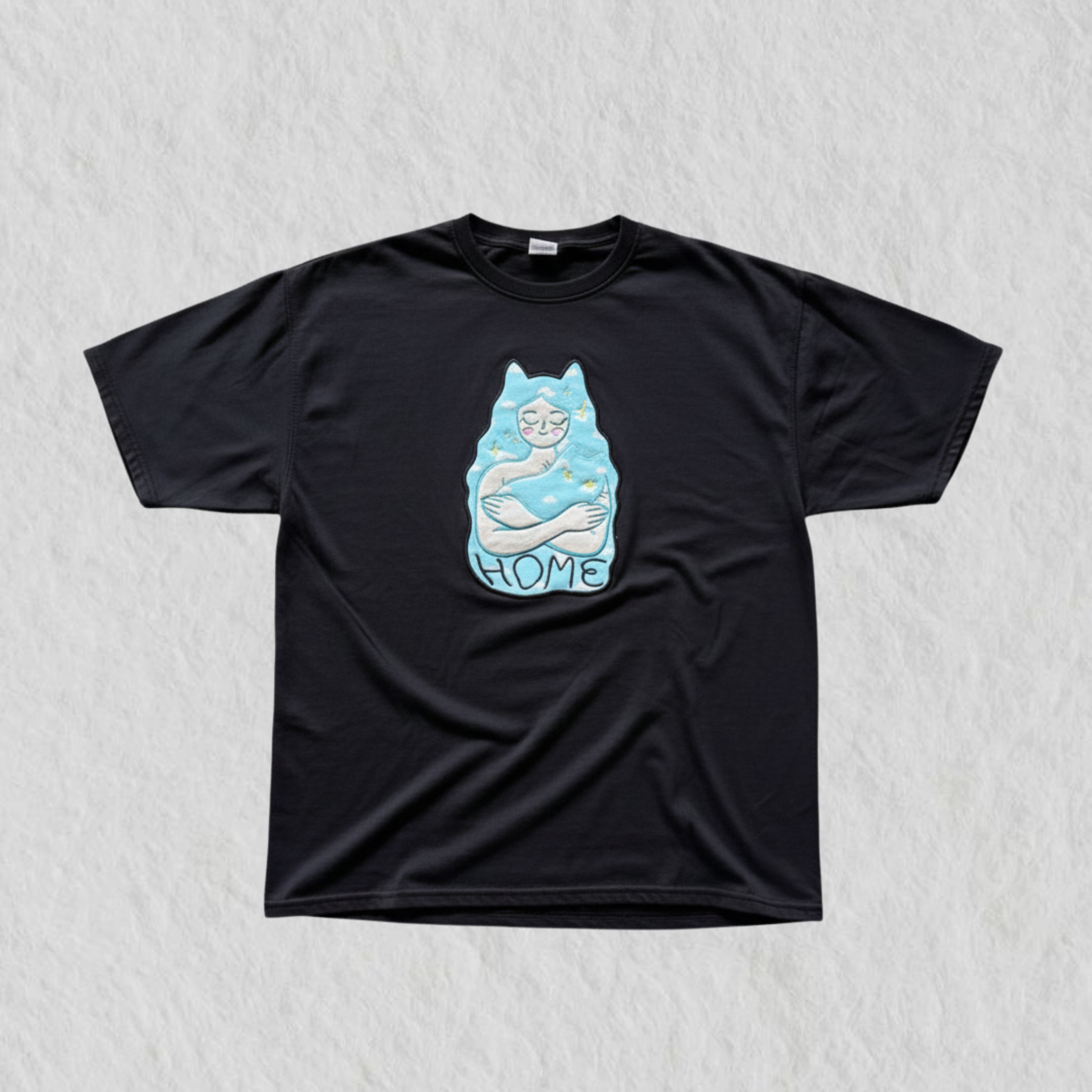Camiseta Bordada Oversize "Cat Home" Negra