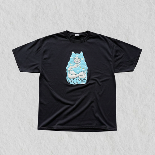 Camiseta Bordada Cat Home Negra